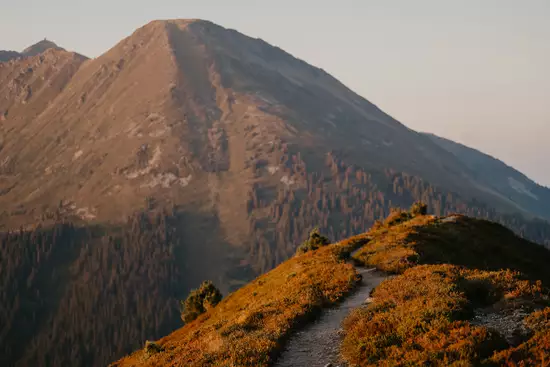 Wanderweg vor Bergpanorama mit herbstlichen Licht 